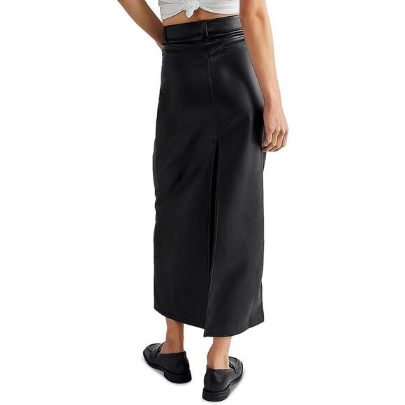 Free People Womens City Slicker Black Faux Leather Long Boho Maxi Skirt NWOT - Picture 2 of 3